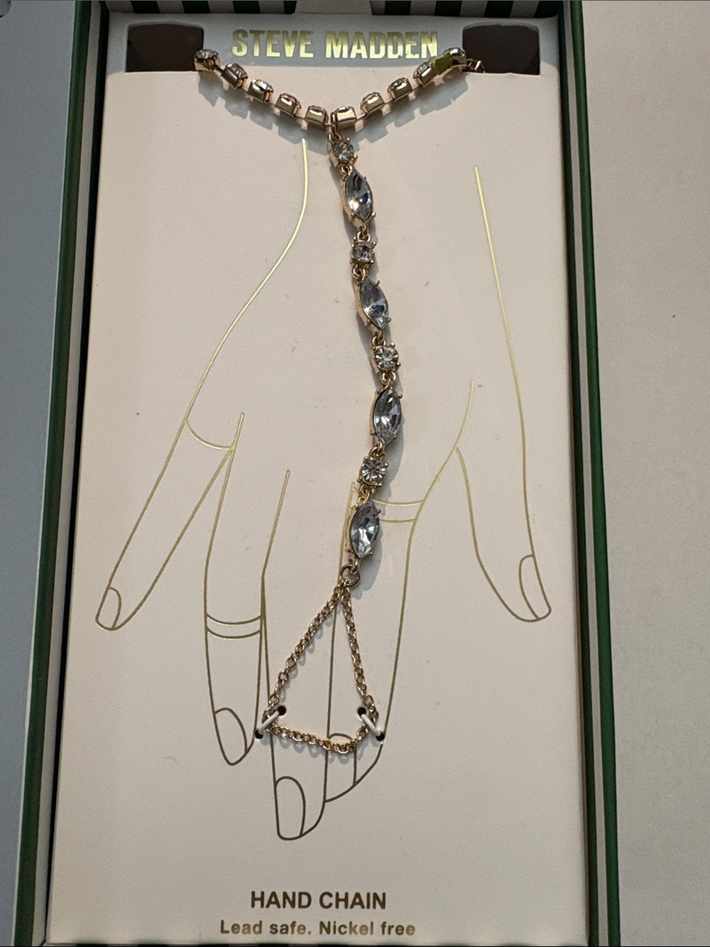 NWOT Steve Madden Gold Hand Chain with Clear Crystal Accents. One size fits all!